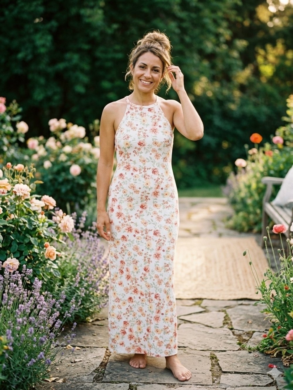 Rae Cream Maxi Dress with Peach and Pink Floral Print